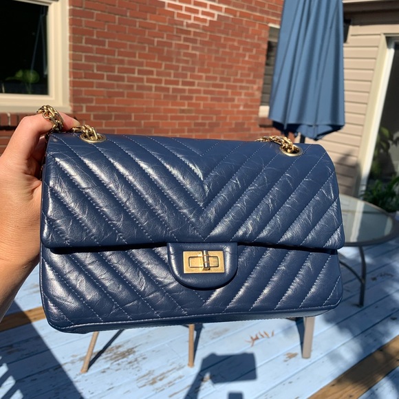 CHANEL  2.55 Reissue Double Flap Bag Chevron Blue w/receipt - Picture 11 of 17